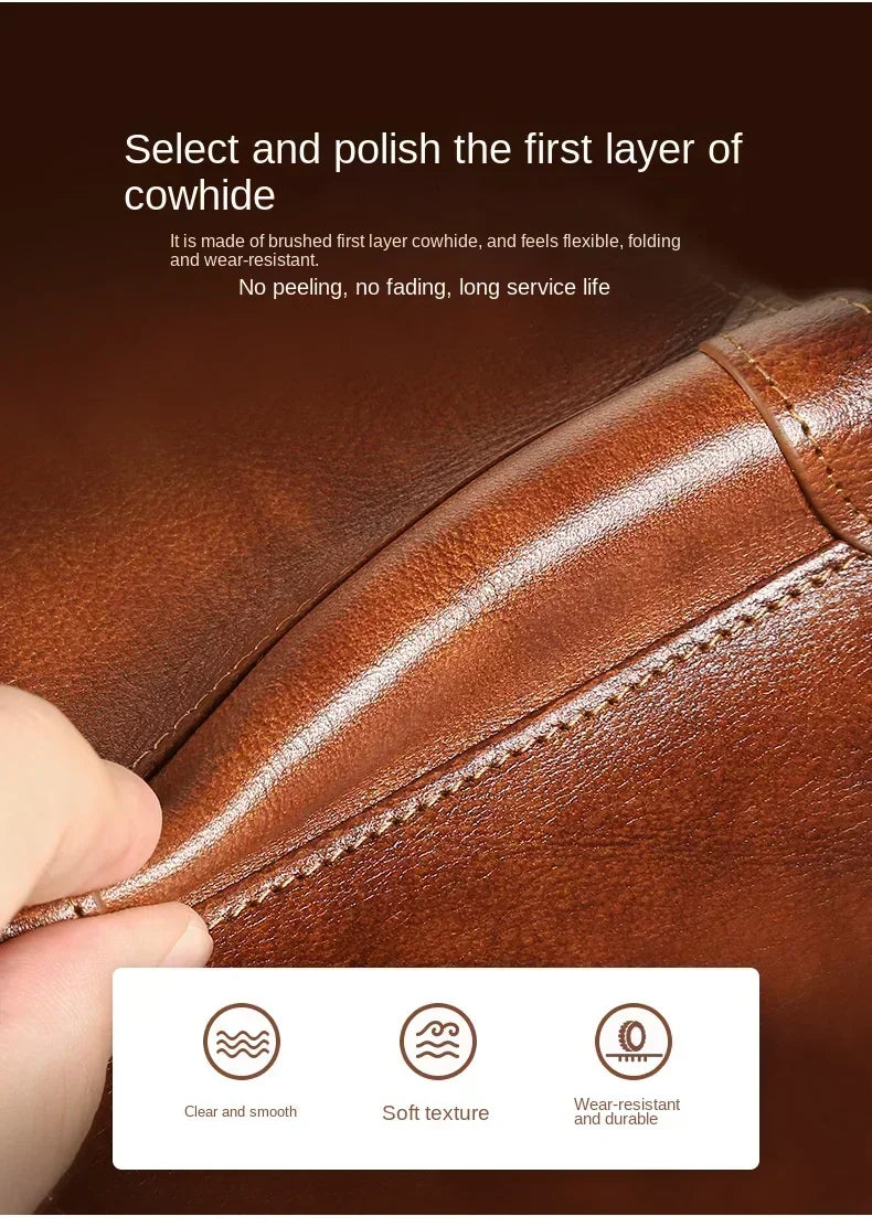 Brown leather product with a hand touching it, highlighting its texture and durability.